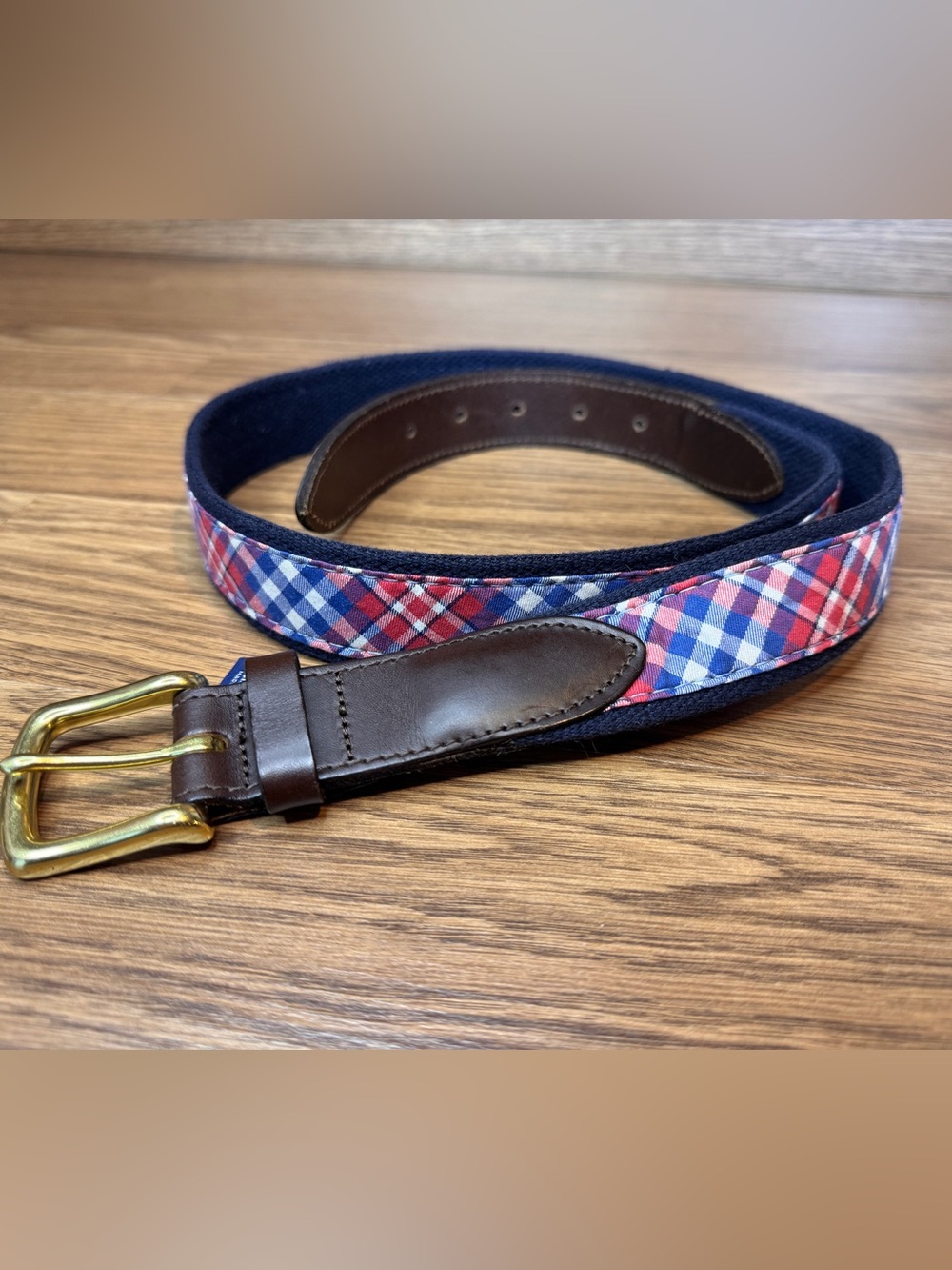 Vineyard Vines Plaid Ribbon Red and Blue Preppy Golf Belt Mens Size 38